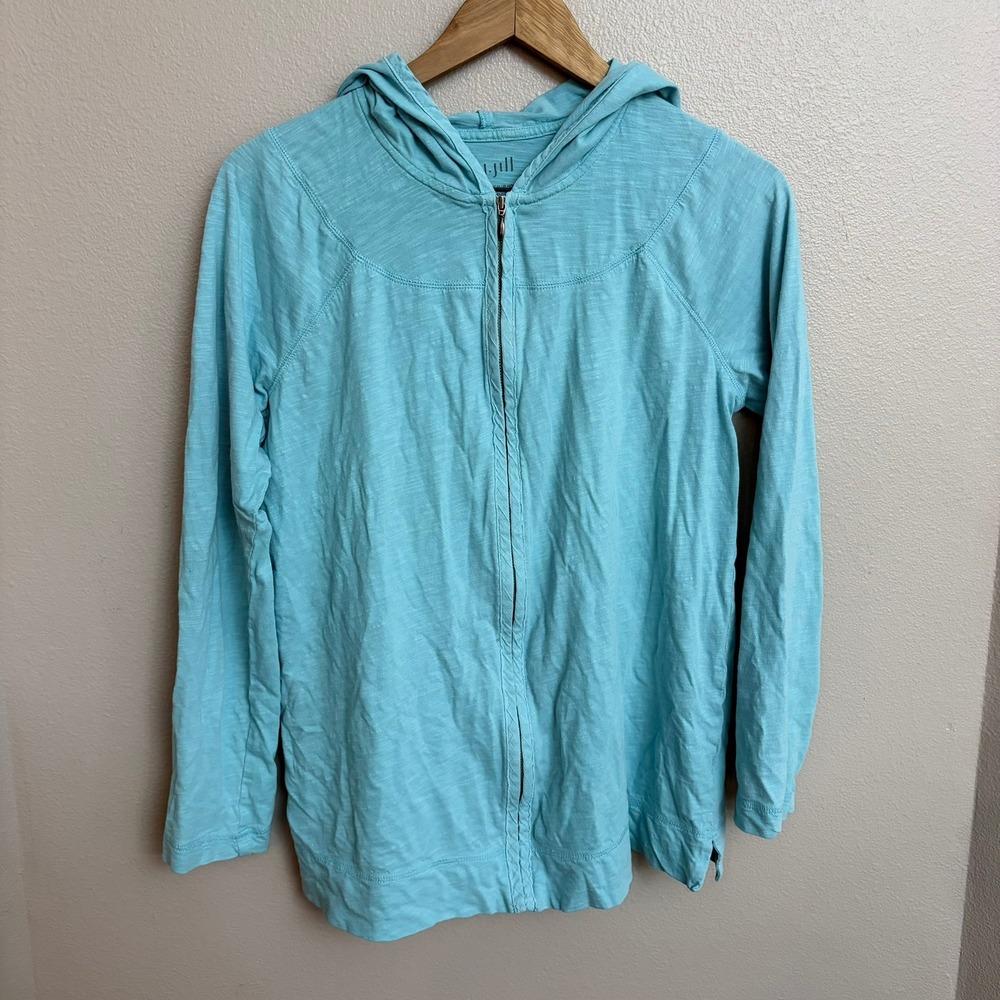 J.Jill Zip Front Slub Hoodie Small Aqua Blue Lightweight Cotton Casual‎